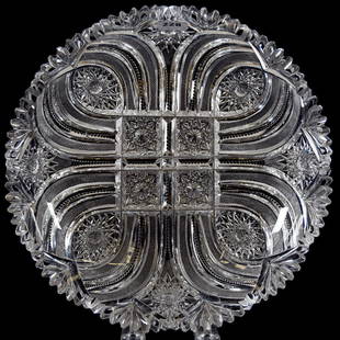 Bowl American Brilliant Cut Glass 2.5" X 10": Bowl - American Brilliant Cut Glass - 2.5" X 10" - Four Square Hobstar Center with Vesica, Strawberry Diamond, Prism and Fan Highlights - Nice Blank