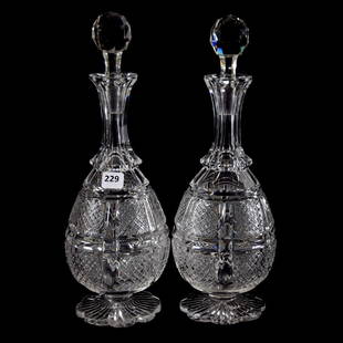 Pair Decanters American Brilliant Cut Glass 12.75": Pair Decanters - American Brilliant Cut Glass - 12.75" - Pedestal Form - Crosscut Diamond and Clear Bar Motif -Scalloped Ray Cut Foot