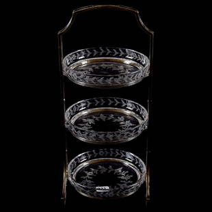 Three Tier Bon Bon Stand 13" X 5.5": Three Tier Bon-Bon Stand - 13" X 5.5" - American Brilliant Cut Glass - Signed Hawkes - Three Floral Engraved Removeable Dishes Set on Signed Hawkes Sterling Silver Frame #2021