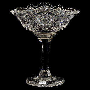 Compote American Brilliant Cut Glass 10" X 8.5": Compote - American Brilliant Cut Glass - 10" X 8.5" - Signed Libbey Somerset Pattern - Superb Blank - Solid Notched Stem - Scalloped Hobstar Foot