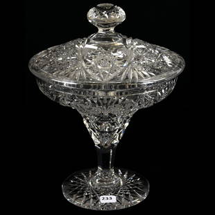 Covered Compote American Brilliant Cut Glass: Covered Compote - American Brilliant Cut Glass - 11" X 8.5" - Hobstar, Strawberry Diamond and Fan Motif - Signed Taylor - Hobstar Foot - Nice Form - Description UPDATED 3-1-19