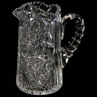 Pitcher American Brilliant Cut Glass 8.5": Pitcher - American Brilliant Cut Glass - 8.5" - Flashed Hobstar, Hobstar, Cane, Strawberry Diamond and Fan Motif - Double Notched Handle - Ray Cut Base