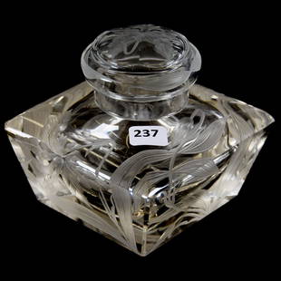 Inkwell American Brilliant Cut Glass 4.5" X 4.75": Inkwell - American Brilliant Cut Glass - 4.5" X 4.75" - Nicely Engraved Orchid Decor with Pattern Cut Glass Lid - Square Shape - Heavy Blank for Base