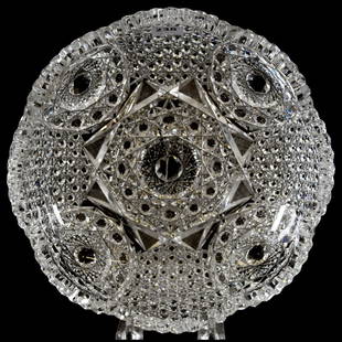 Low Bowl American Brilliant Cut Glass 2.5" X 8.75": Low Bowl - American Brilliant Cut Glass - 2.5" X 8.75" - Hobstar Circular Cluster with Lapidary Cut Center - Strawberry Diamond and Nailhead Diamond Highlights - One Tooth with Minor Roughness