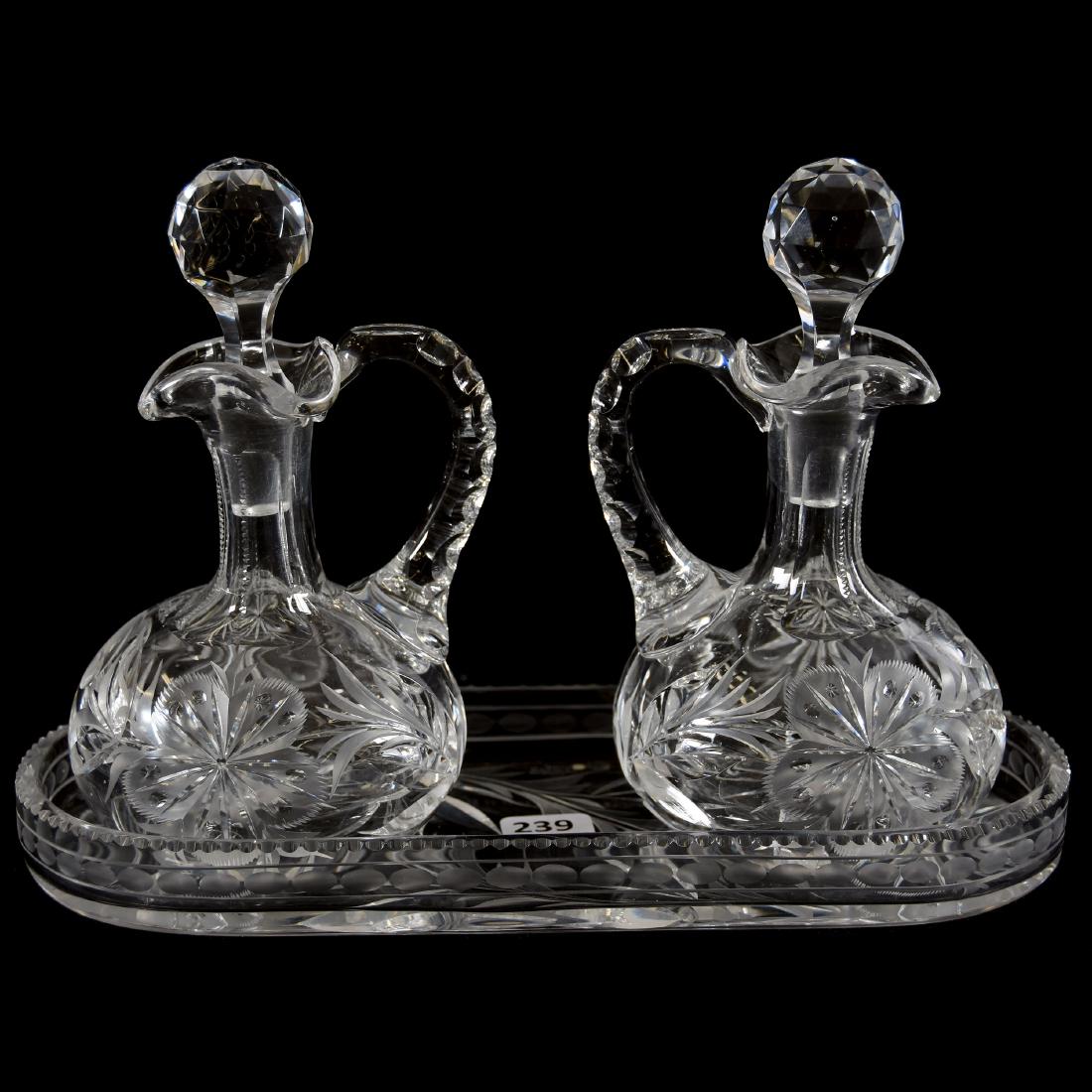 Three Piece Condiment Set: Three Piece Condiment Set - 7" X 9.5" - American Brilliant Cut Glass -Signed Tuthill - Two Cruets and Tray - All Matching Floral Design -