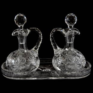 Three Piece Condiment Set: Three Piece Condiment Set - 7" X 9.5" - American Brilliant Cut Glass -Signed Tuthill - Two Cruets and Tray - All Matching Floral Design -