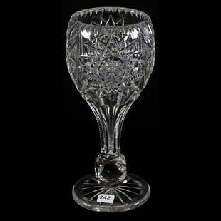 Vase American Brilliant Cut Glass 10": Vase - American Brilliant Cut Glass - 10" - Tulip Shaped - Hobstar, Split Vesica, Prism and Fan Motif - Ray Cut Foot - One Small Surface Chip on Fan