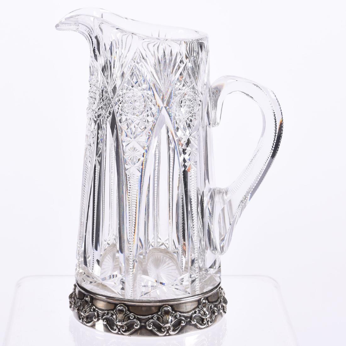 Pitcher American Brilliant Cut Glass 8.75": Pitcher - American Brilliant Cut Glass - 8.75" - Hobstar, Clear Gothic Arch, Zipper, Star and Fan Motif - Ray Cut Base - Elaborate Gorham #D4082M Sterling Silver Base Collar
