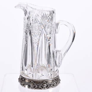 Pitcher American Brilliant Cut Glass 8.75": Pitcher - American Brilliant Cut Glass - 8.75" - Hobstar, Clear Gothic Arch, Zipper, Star and Fan Motif - Ray Cut Base - Elaborate Gorham #D4082M Sterling Silver Base Collar
