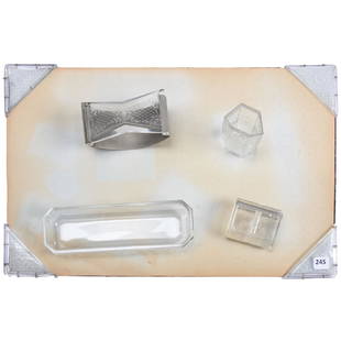 Five Piece Desk Set American Brilliant Cut Glass: Five Piece Desk Set - American Brilliant Cut Glass - Nicely Engraved Lattice and Rose Decor - Set Includes - (1) 12" X 19" Desk Pad with Four Cut Glass Corners - (1) 8.25" Pen Tray - (1) 4.5" Ink