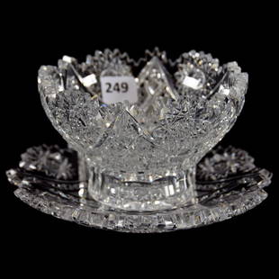 Mayonnaise Bowl Set American Brilliant Cut Glass: Mayonnaise Bowl Set - American Brilliant Cut Glass - 3.25" X 6" - Bowl and Matching Underplate - Hobstar, Six-Point Star, Cane and Star Motif - One Tooth Chip on Bowl