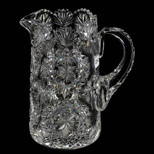Pitcher American Brilliant Cut Glass 8.75": Pitcher - American Brilliant Cut Glass - 8.75" - Signed Hawkes North Star Pattern - Pattern Cut Base and Handle - One Side of Rim Has Had Professional Touch-Up Near Fans