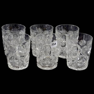 (6) Rare Tumblers American Brilliant Cut Glass: (6) Rare Tumblers - American Brilliant Cut Glass - 3.75" - Signed Hawkes North Star Pattern - Ray Cut Base