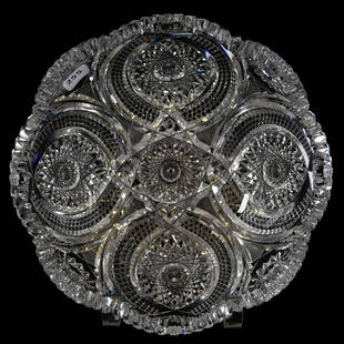 Bowl American Brilliant Cut Glass 4" X 9": Bowl - American Brilliant Cut Glass - 4" X 9" Hobstar, Vesica, Strawberry Diamond, Nailhead Diamond and Cane Motif - Heavy and Clear Blank