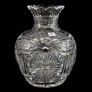 Vase American Brilliant Cut Glass 10.5" X 8": Vase - American Brilliant Cut Glass - 10.5" X 8" - Flashed Bullseye with "Eye Brow" - Hobstar, Strawberry Diamond, Prism and Fan Highlights - Step Cut Neck - Hobstar Base - Very Nice