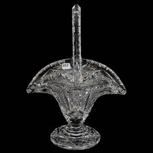 Pedestal Basket American Brilliant Cut Glass: Pedestal Basket - American Brilliant Cut Glass 14.25" X 10.25" - Hobstar, Strawberry Diamond, Feather and Fan Motif - Step and Pattern Cut Base - Notched Handle - Extra Clear Blank!
