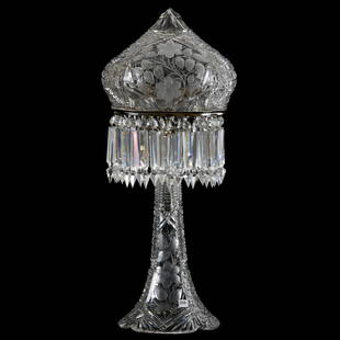 Strawberry Dome Table Lamp 28" X 12": Strawberry Dome Table Lamp - 28" X 12" - American Brilliant Cut Glass - Wonderful Harvard and Engraved Floral Motif - Electrified - Two Light - Very Clear Blank - Nice Quality