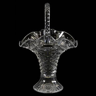 Basket American Brilliant Cut Glass 12" X 7.75": Basket - American Brilliant Cut Glass - 12" X 7.75" - St. Louis Diamond Cut Body with Hobstar, Strawberry Diamond, Star and Fan Highlights - Ruffled Rim - Triple Notched Handle - Hobstar Base