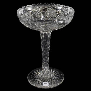 Compote American Brilliant Cut Glass 11.25" X 8": Compote - American Brilliant Cut Glass - 11.25" X 8" - Hobstar, Vesica, Prism and Fan Motif - Hollow Bullseye Cut Stem - Hobstar Foot