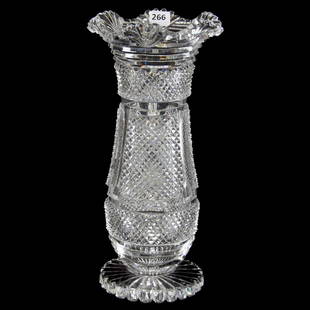 Vase American Brilliant Cut Glass 11.5" X 5.5": Vase - American Brilliant Cut Glass - 11.5" X 5.5" - Pedestal - Old Irish Pattern by Meriden - Scalloped Ray Cut Foot - Ruffled Rim - Clear Blank