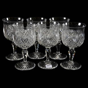 (6) Goblets American Brilliant Cut Glass 6.25": (6) Goblets - American Brilliant Cut Glass - 6.25" - Cane, Zipper, Crosshatch and Fan Motif - Hollow Stem - Ray Cut Foot - Nice Blank