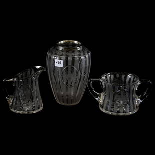 (3) Sheraton Pattern Items: (3) Sheraton Pattern Items - American Brilliant Cut Glass - (1) 6" Signed Hawkes Vase, Sterling Silver Rim - Creamer and Sugar Set Signed Hawkes, Sugar Has Rim Chip and Handle Crack