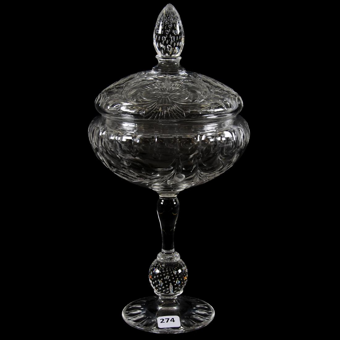 Covered Compote American Brilliant Cut Glass: Covered Compote - American Brilliant Cut Glass - 12.25" X 6.25" - Wilton Pattern by Pairpoint - Engraved Floral Motif with Controlled Bubble Stem and Finial