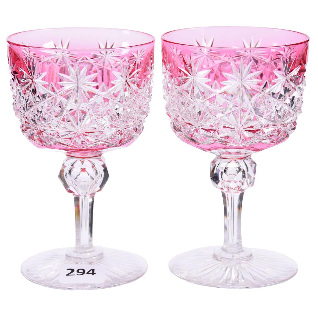 (2) Rose Cut to Clear Wine Glasses 4.625": (2) Rose Cut to Clear Wine Glasses - 4.625" American Brilliant Cut Glass - Russian Pattern with Star Cut Buttons - Ray Cut Foot