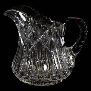 Milk Pitcher American Brilliant Cut Glass 7": Milk Pitcher - American Brilliant Cut Glass - 7" - Signed Libbey Pattern #83 - Prism Cut Body with Fan and Hobstar Border - Ray Cut Base - Triple Notched Handle