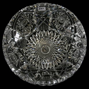 Bowl American Brilliant Cut Glass 4" X 9": Bowl - American Brilliant Cut Glass - 4" X 9" - Flat Bottom - Hobstar, Arch, Nailhead Diamond and Prism Motif - Large Hobstar Base - Deep Cutting