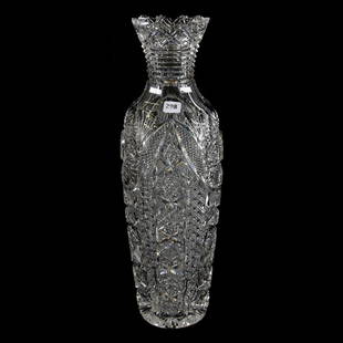 Vase American Brilliant Cut Glass 17": Vase - American Brilliant Cut Glass - 17" - Large Hobstar, Cane, Vesica, Nailhead Diamond, Strawberry Diamond, Cluster and Fan Motif - Step Cut Neck - Pattern Cut Rim - 0.625" Thick Blank - Great Vase