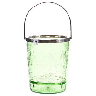 Ice Bucket American Brilliant Cut Glass 7.25" X 6": Ice Bucket - American Brilliant Cut Glass - 7.25" X 6" - Wickham Pattern - Solid Apple Green with Engraved Floral and Garland Motif - Original Silverplate Rim, Handle and Ice Insert - as Shown in The