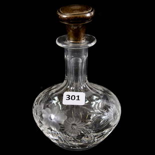 Perfume Bottle American Brilliant Cut Glass 5.75": Perfume Bottle - American Brilliant Cut Glass - 5.75" - Engraved Floral Motif - Sterling Silver Stopper with Long Dauber