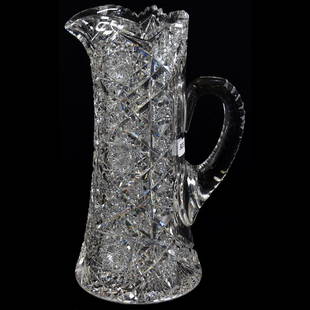 Pitcher American Brilliant Cut Glass 12.25": Pitcher - American Brilliant Cut Glass - 12.25" - Champagne Pitcher - Hobstar, Cane, Star and Fan Motif - Triple Notched Handle - Hobstar Base - Heavy Blank