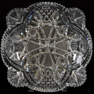 Bowl American Brilliant Cut Glass 3.25" X 10": Bowl - American Brilliant Cut Glass - 3.25" X 10" - Completely Cut Hobstar, Cluster, Nailhead Diamond, Cane, Strawberry Diamond, Russian, Vesica and Fan Motif - Nice Quality