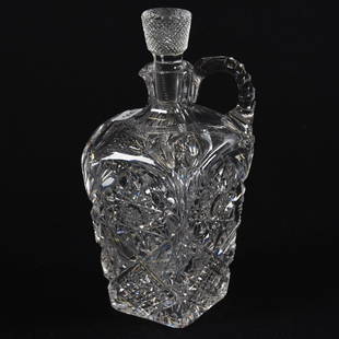 Whiskey Jug American Brilliant Cut Glass 9": Whiskey Jug - American Brilliant Cut Glass - 9" - Signed Libbey Sultana Pattern - Diamond Cut Stopper with Ray Cut Top - Ray Cut Base - Triple Notched Handle - Few Nicks on Ridges of Fans