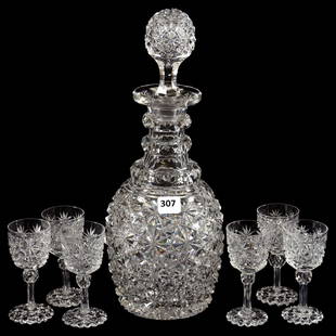 Decanter Set American Brilliant Cut Glass: Decanter Set - American Brilliant Cut Glass - 12" Decanter - Triple Ring Neck - Russian Pattern with Star Cut Buttons - Ray Cut Base - Pattern Cut Stopper - Selling with (6) Matching 3.75" Liqueurs