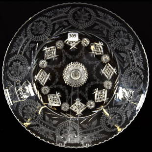 Tray American Brilliant Cut Glass 12" Round: Tray - American Brilliant Cut Glass - 12" Round - Signed Libbey - Hobstar Center with Hobstar and Engraved Floral Wreath Decor