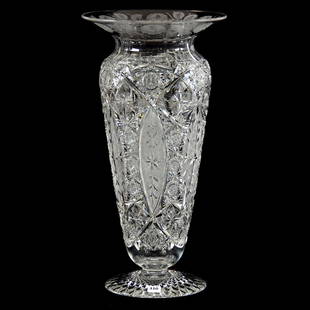 Pedestal Vase American Brilliant Cut Glass: Pedestal Vase - American Brilliant Cut Glass 18.25" X 9.5" - Pattern Resembles Arcadian by Sinclaire - Hobstar Foot - Engraved Rose Decor Flared Rim - Great Quality!