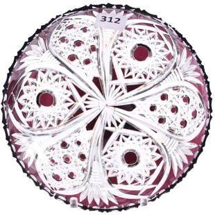 Amethyst Cut to Clear Dish Brilliant Cut Glass 6": Amethyst Cut to Clear Dish - Brilliant Cut Glass - 6" Hobstar and Cane Vesica Motif