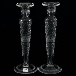 Pair Hollow Stem Candlestick Holders: Pair Hollow Stem Candlestick Holders American Brilliant Cut Glass - 11" Honeycomb and Engraved Floral Motif