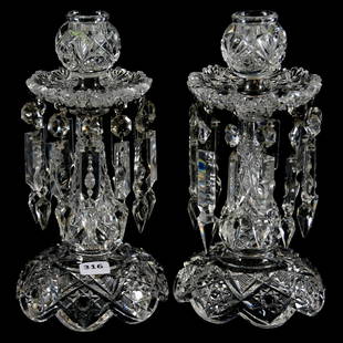 (2) Candle Lustres American Brilliant Cut Glass: (2) Candle Lustres - American Brilliant Cut Glass - 8.75" - Signed Hawkes Brazilian Pattern - This Pair Sold Previously in 2018, but the Absentee Buyer Noticed Slight Variations Between the Two