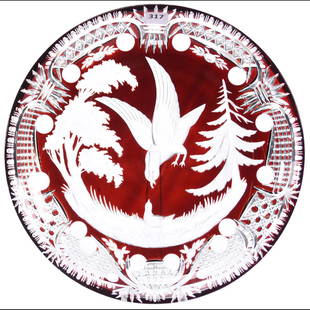 Ruby Cut to Clear Tray Cut Glass 11.5" Round: Ruby Cut to Clear Tray - Cut Glass - 11.5" Round - Engraved Scene of Bird and Forest - Geometric Cut Border - Nice Color - Unknown European Maker