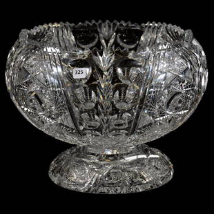 Two Part Punch Bowl American Brilliant Cut Glass: Two - Part Punch Bowl - American Brilliant Cut Glass - 10.75" X 13.5" - Squat Rolled Rim Form with Hobstar, Vesica, Strawberry Diamond, Mitre and Bullseye Motif - Rare Flower Form Shape Pedestal Base