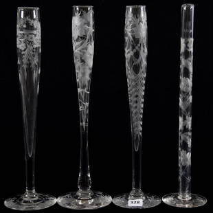 (4) Tuthill Bud Vases American Brilliant Cut Glass: (4) Tuthill Bud Vases - American Brilliant Cut Glass (3) 12" Signed Tuthill with Engraved Floral Motif, Tulip Shaped Vases; (1) 12" Unmarked with Floral Decor, Thin Body Vase