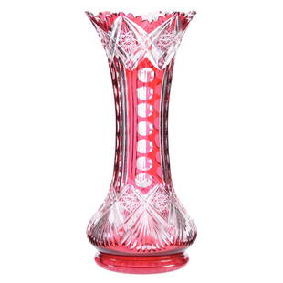 Color to Clear Vase American Brilliant Cut Glass: Color to Clear Vase - American Brilliant Cut Glass - 18" X 7.75" - Cranberry Cut to Clear - Iris Pattern by Clark - Fantastic Color - Large Hobstar Base - UPDATE - 3/14 - Val St. Lambert Also Made