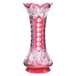 Color to Clear Vase American Brilliant Cut Glass: Color to Clear Vase - American Brilliant Cut Glass - 18" X 7.75" - Cranberry Cut to Clear - Iris Pattern by Clark - Fantastic Color - Large Hobstar Base - UPDATE - 3/14 - Val St. Lambert Also Made