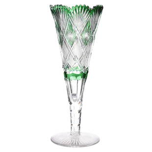 Green Cut to Clear Vase Brilliant Cut Glass: Green Cut to Clear Vase - Brilliant Cut Glass - 20" X 7.75" - Strawberry Diamond, Star and Fan Motif - Ray Cut Foot - Extra Large Size - Very Nice Quality