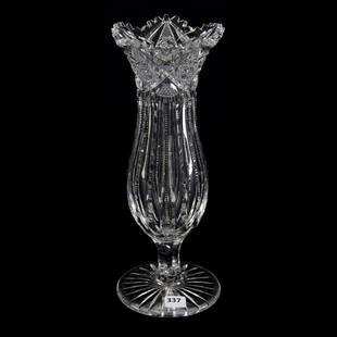 Pedestal Vase American Brilliant Cut Glass 11.5": Pedestal Vase - American Brilliant Cut Glass - 11.5" - Hobstar, Nailhead Diamond, Strawberry Diamond with Prism Cut Body - Ray Cut Base - Clear Blank