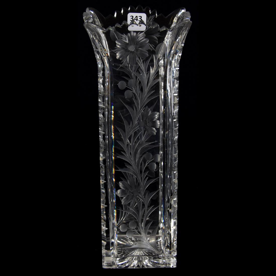 Vase American Brilliant Cut Glass 11.75" X 4.5": Vase - American Brilliant Cut Glass - 11.75" X 4.5" Square - Signed Tuthill Primrose Pattern - Notched Corners, Ray Cut Base